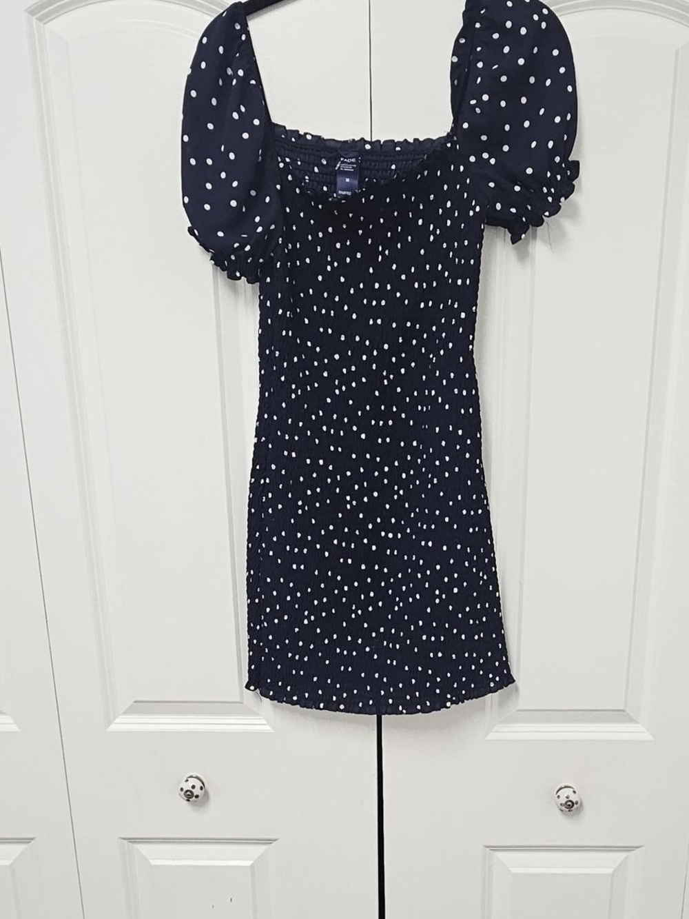 Smocked Navy Polka Dot Puff Sleeve Mini Dress (With Free A GIFT)